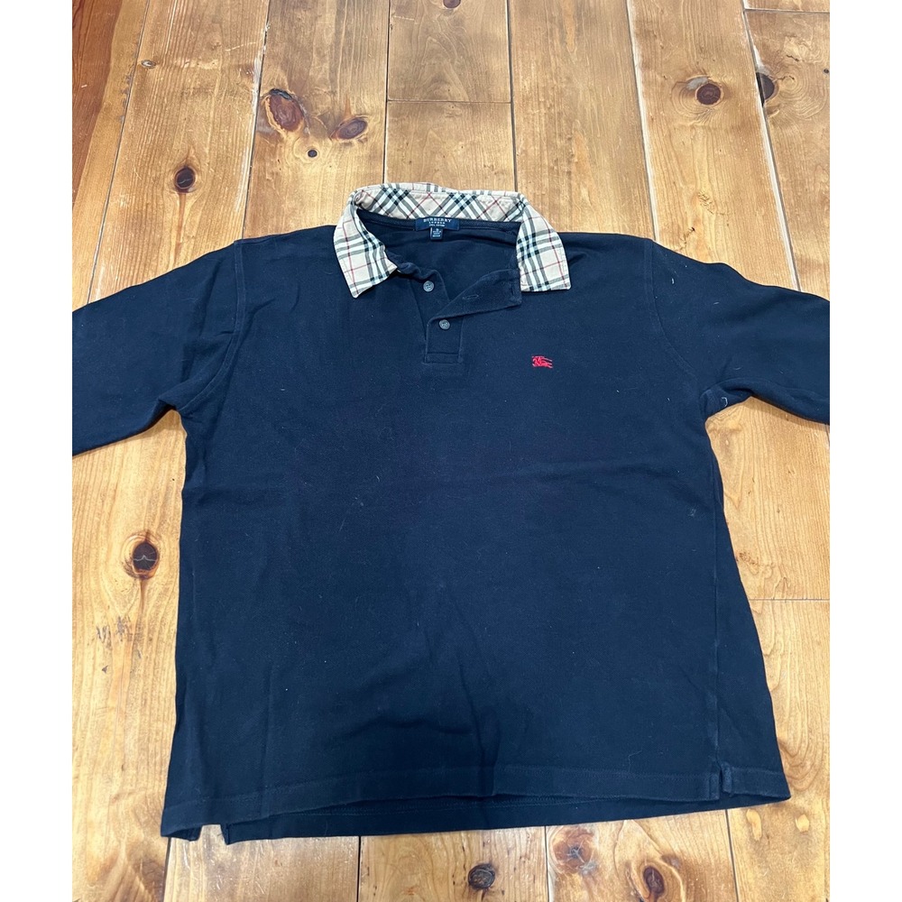 Burberry London Mens Navy Blue Nova Check Collar Long Sleeve Polo Shirt Size S
